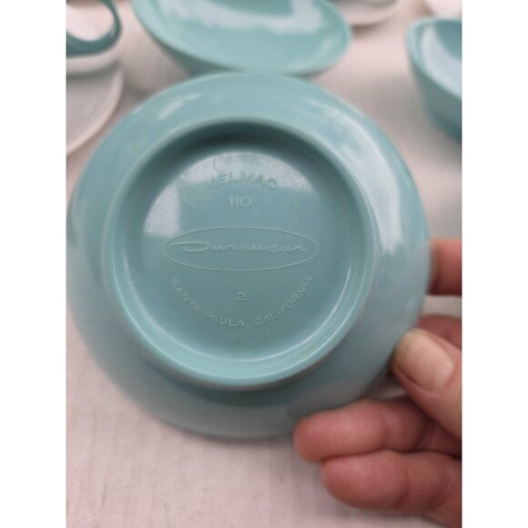 Set 14 Vintage MCM Melmac Durawear White & Turquoise Coffee Cups Berry Bowls - Picture 5 of 13